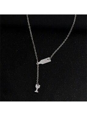 Wine Bottle & Glass Pendant Necklace in Silver Color